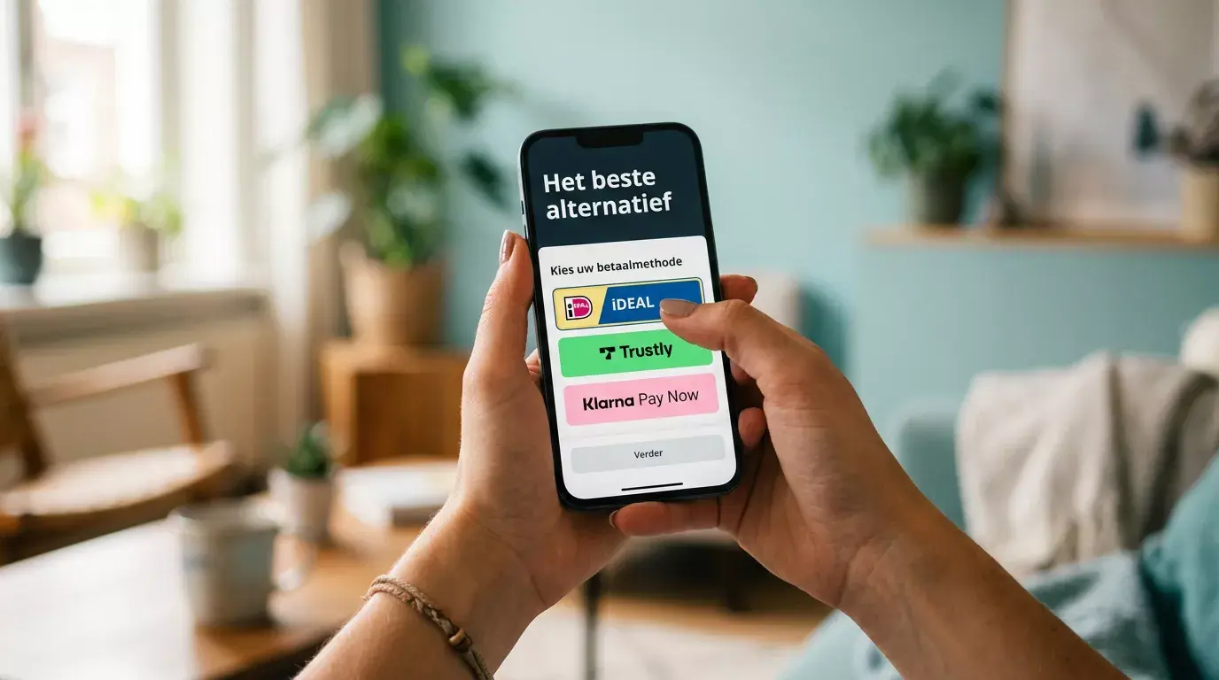 Hand kiest een alternatieve bankbetaling op een smartphone na het wegvallen van Sofort