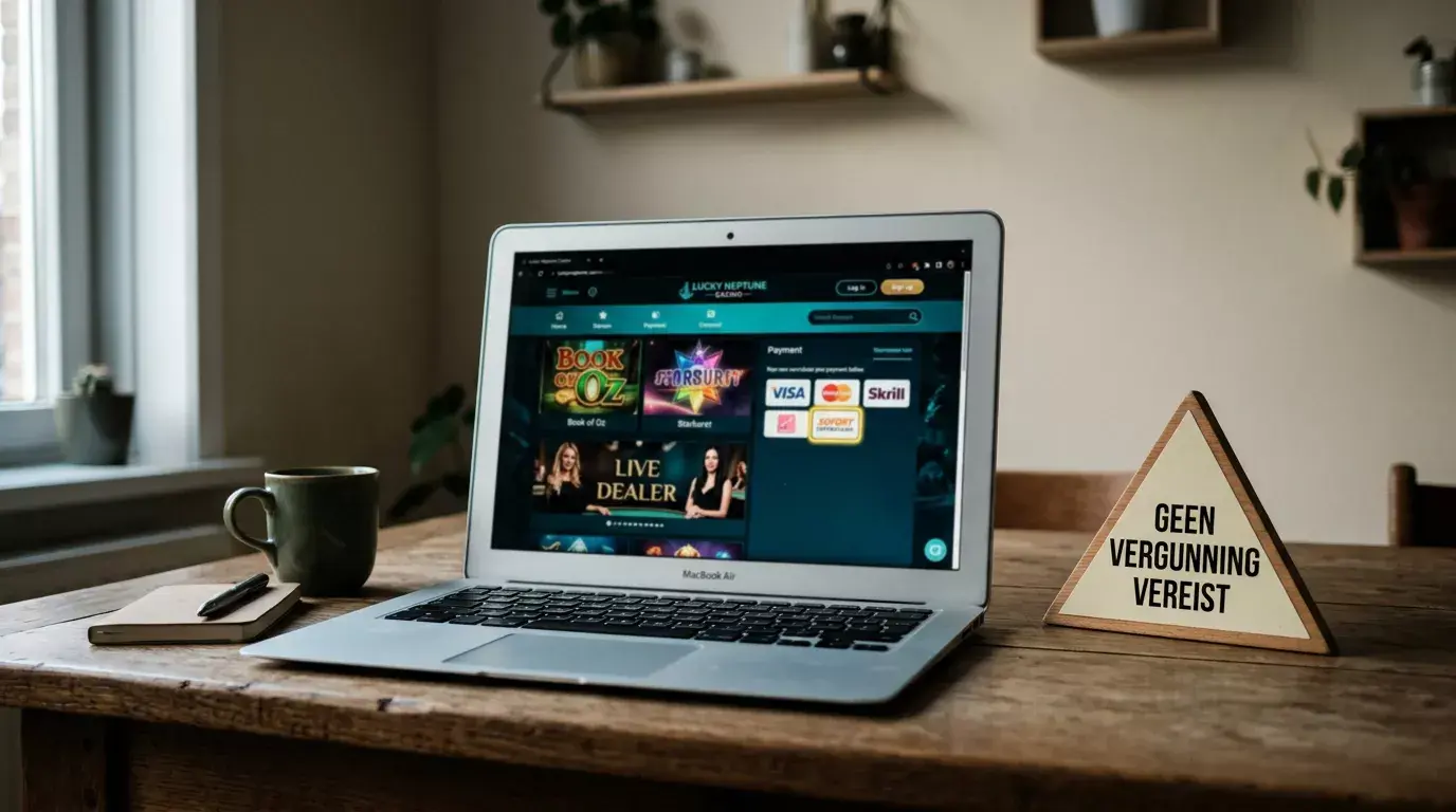 Waarschuwingsbord bij een laptop met een buitenlands casino dat Sofort aanbiedt zonder Nederlandse vergunning