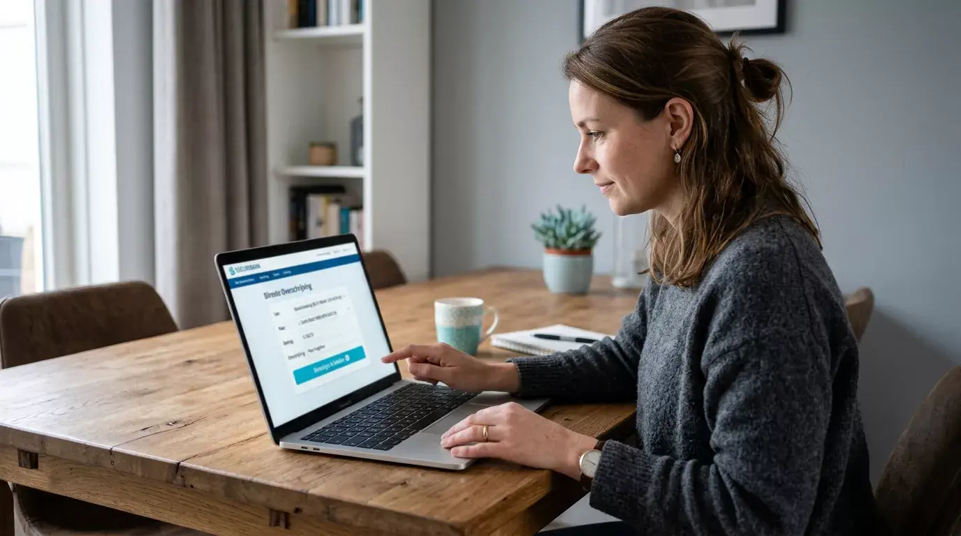 Persoon voert een directe online bankoverschrijving uit op een laptop, het principe achter Sofort