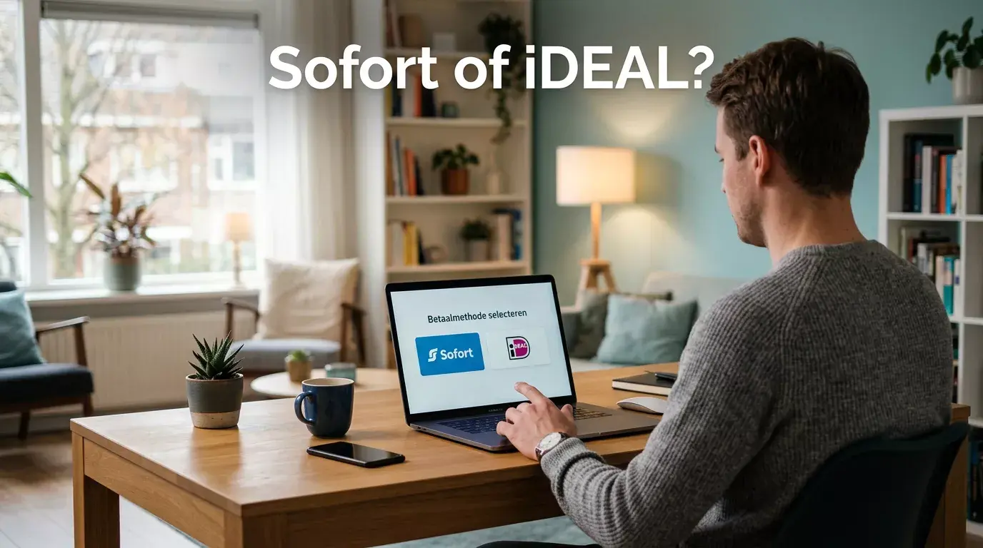 Persoon kiest tussen Sofort en iDEAL als bankbetaling op een laptop in een Nederlands interieur