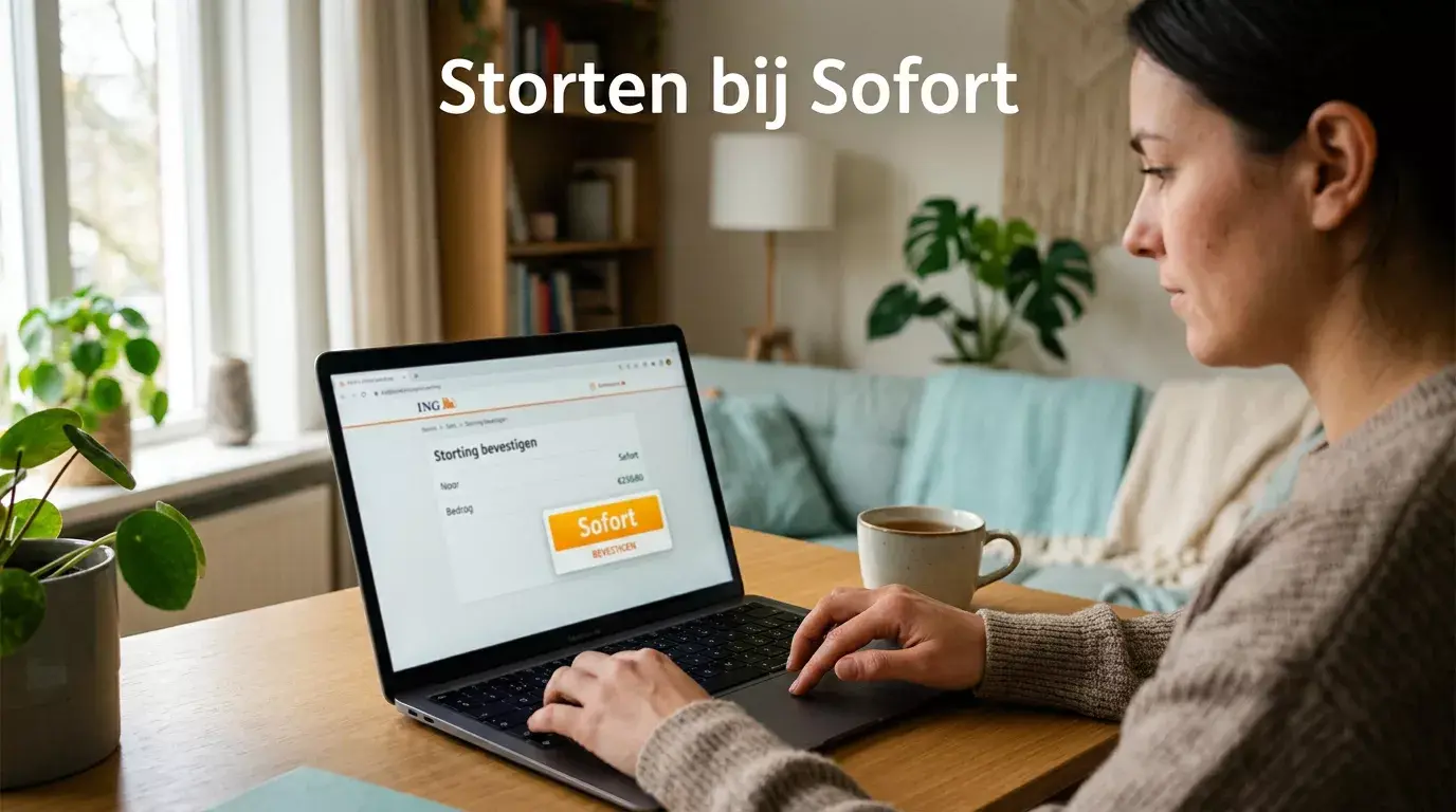 Persoon doet een storting met Sofort bij een online casino via online bankieren op een laptop